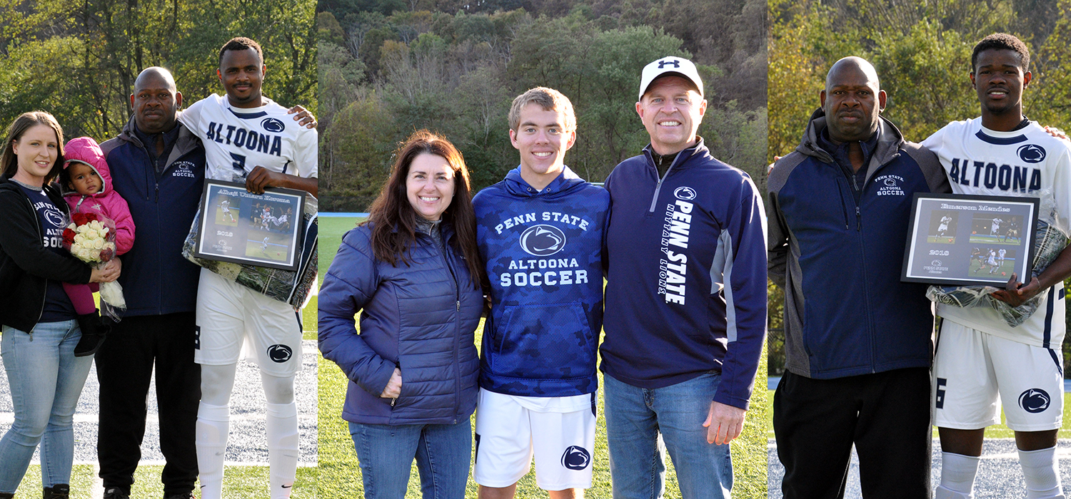 Photo: Men's soccer seniors #3 Alhaji Umaru Koroma, #7 Jordan Crist, and #6 Emerson Mendes were recognized in a pregame Senior Day ceremony on Saturday.