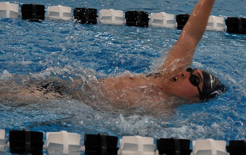 Photo (by Joel Nelson): Lions freshman Cheongjae Lee swims the backstroke during Saturday's meet against Penn State Behrend in the Adler Natatorium.