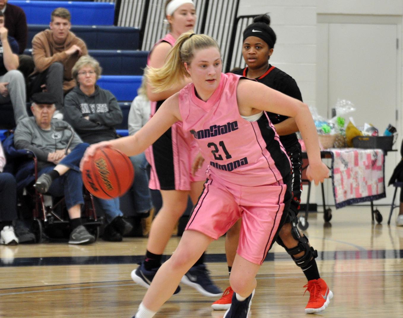 Photo (by Raychel DeArmitt): Penn State Altoona freshman Alexis Cannistraci makes a move during Saturday's win over La Roche College in the Adler Arena.