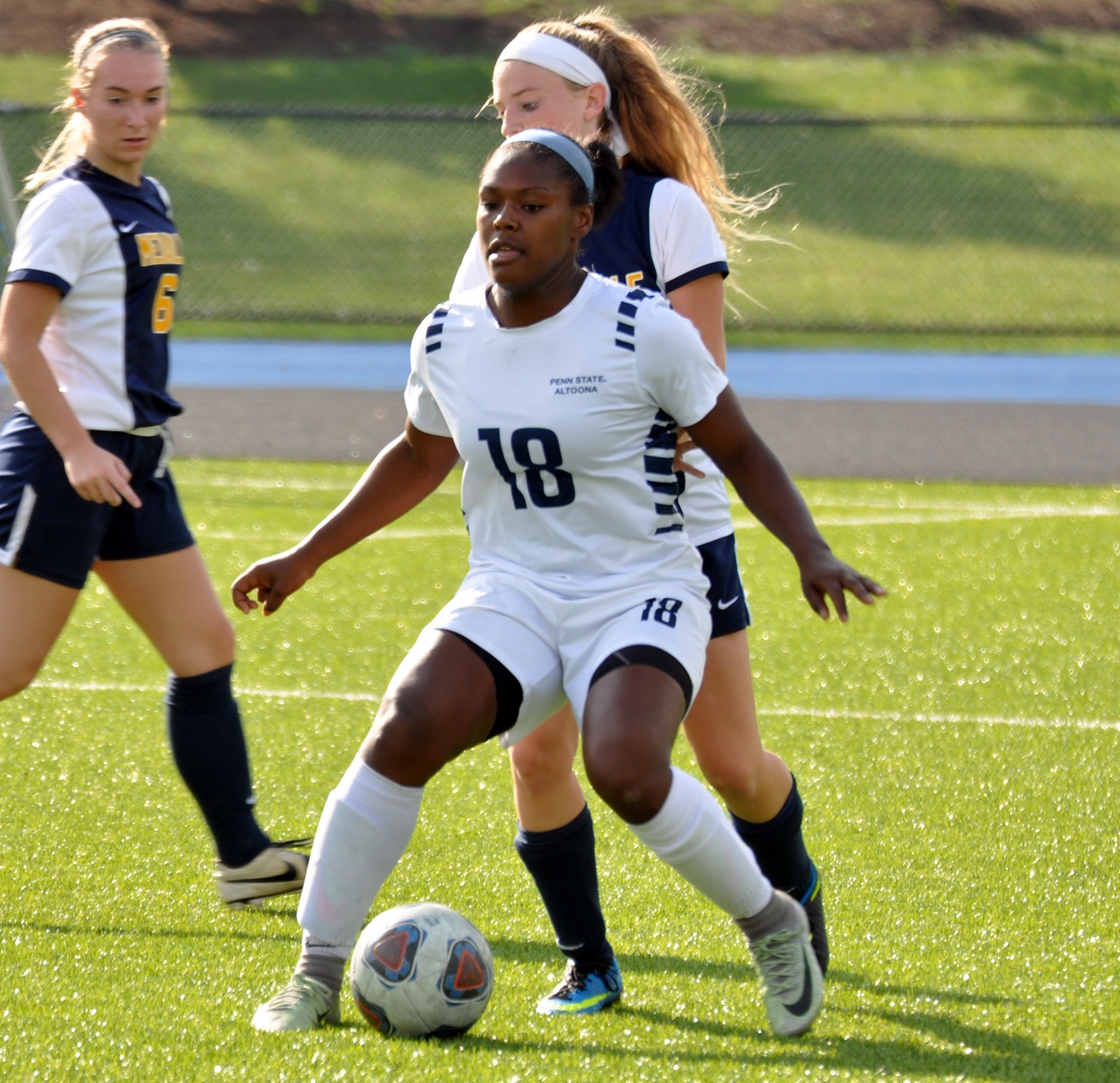 Photo (by Joel Nelson): Penn State Altoona senior forward Shoshana Mahoney surveys her options during her team's win over Medaille College on Saturday at Spring Run Stadium.