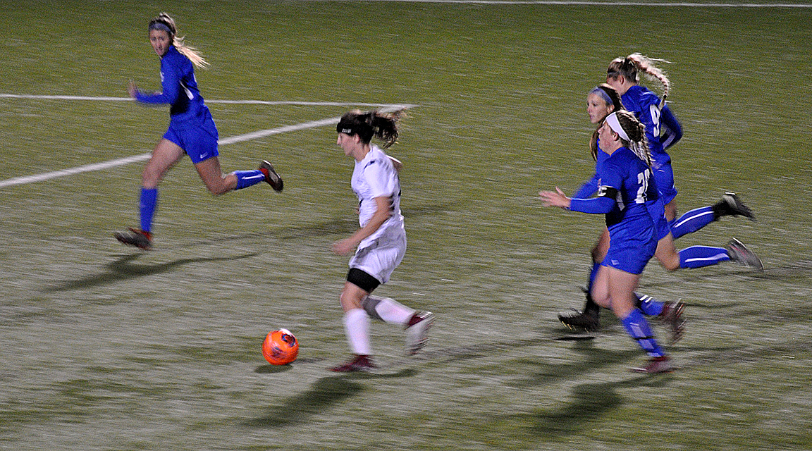 Photo: Penn State Altoona's Kierra Irwin dribbles through the defense during her team's win over Penn College on Wednesday night at Spring Run Stadium.