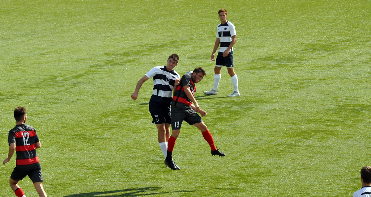 Photo: Lions sophomore Connor Kiley goes up for a header against a D'Youville player on Saturday.