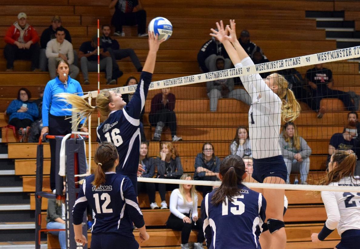 Photo (courtesy of Westminster College Sports Information): Penn State Altoona sophomore Lauren Diller goes up to tip the ball past a Westminster block during Wednesday night's ECAC Tournament match at the Buzz Ridl Gymnasium.