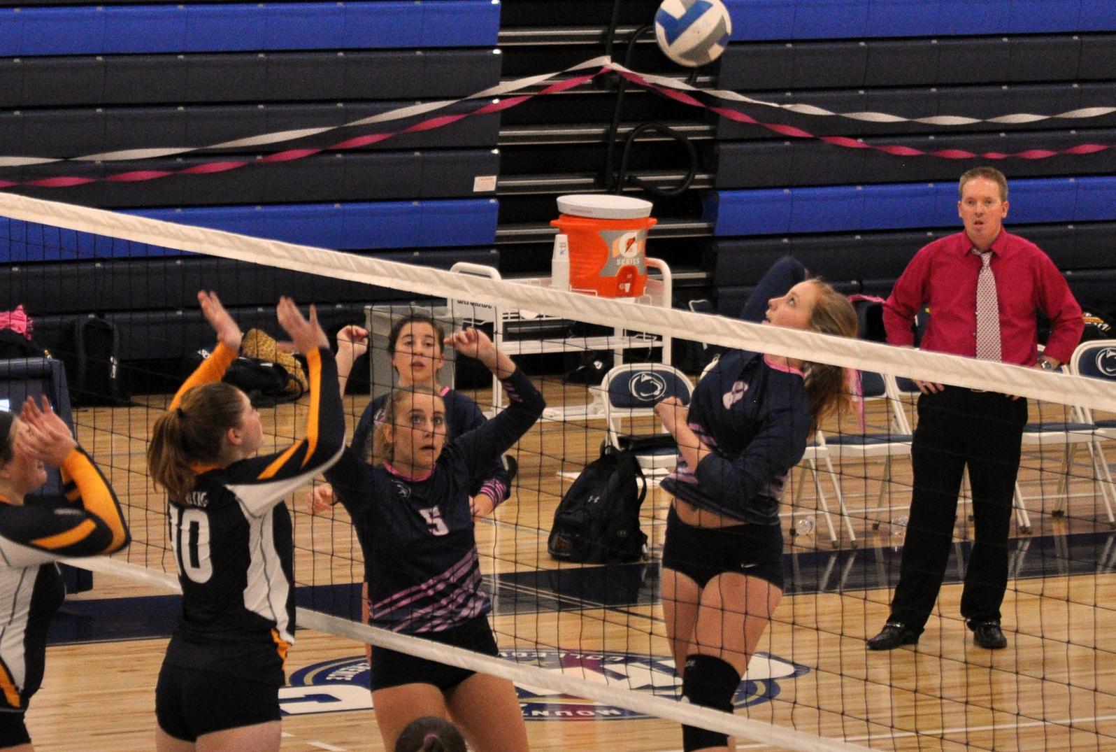 Photo (by Joel Nelson): Penn State Altoona sophomore Josie Stovall goes up for a swing at the net during Thursday night's match against Lycoming College in the Adler Arena.